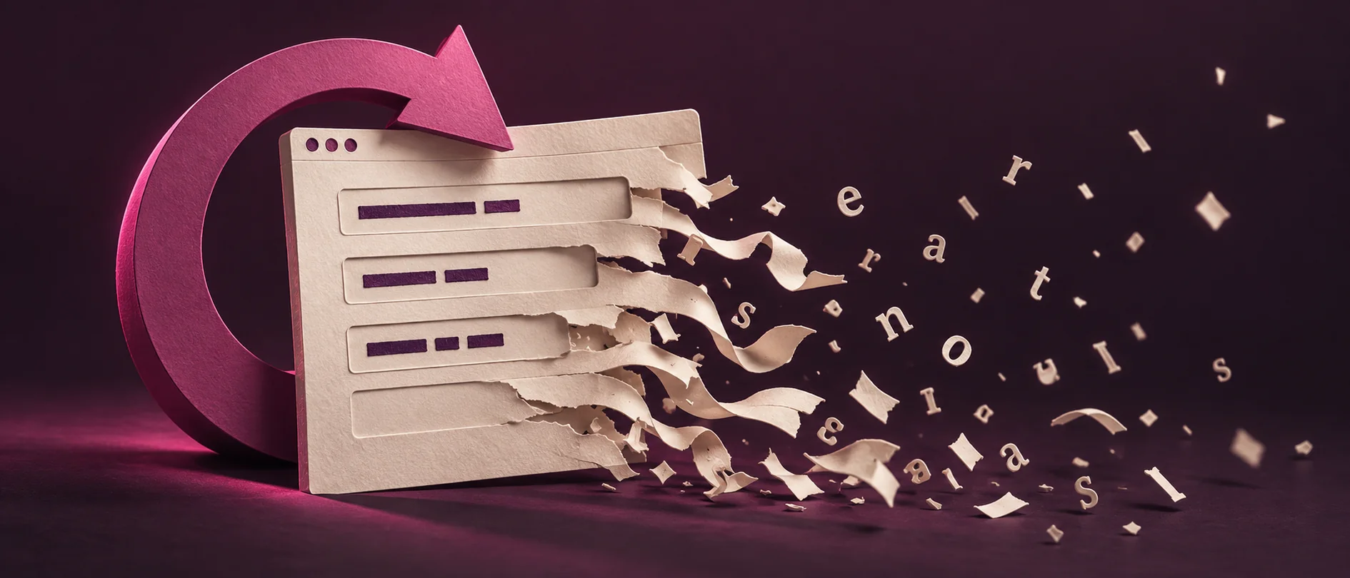 A paper form breaks into scattered letters beside a recovery arrow, illustrating answers lost after a failed submission.