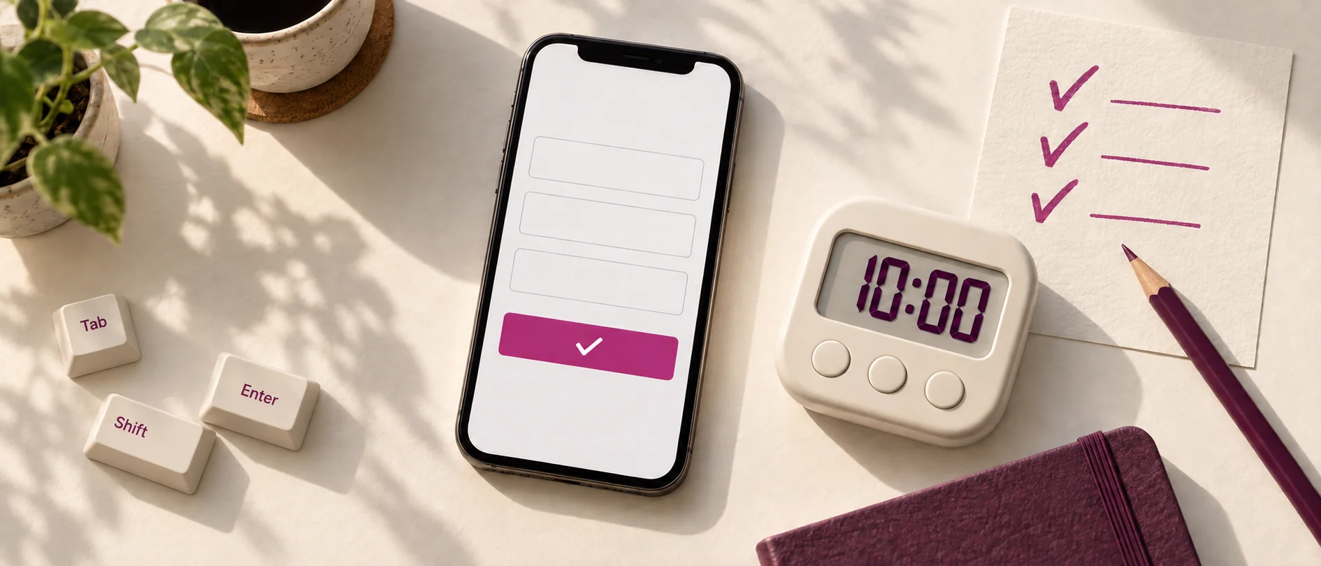 A phone form, Tab, Shift and Enter keycaps, a checklist and a ten-minute timer represent a practical check of a website form.