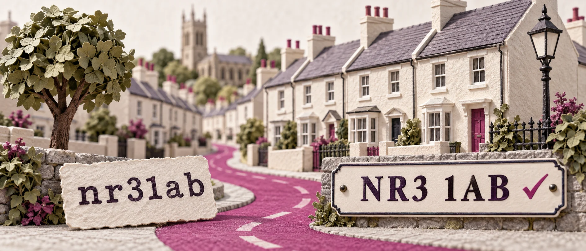 A miniature British street pairs nr31ab with NR3 1AB, showing the same postcode before and after formatting.