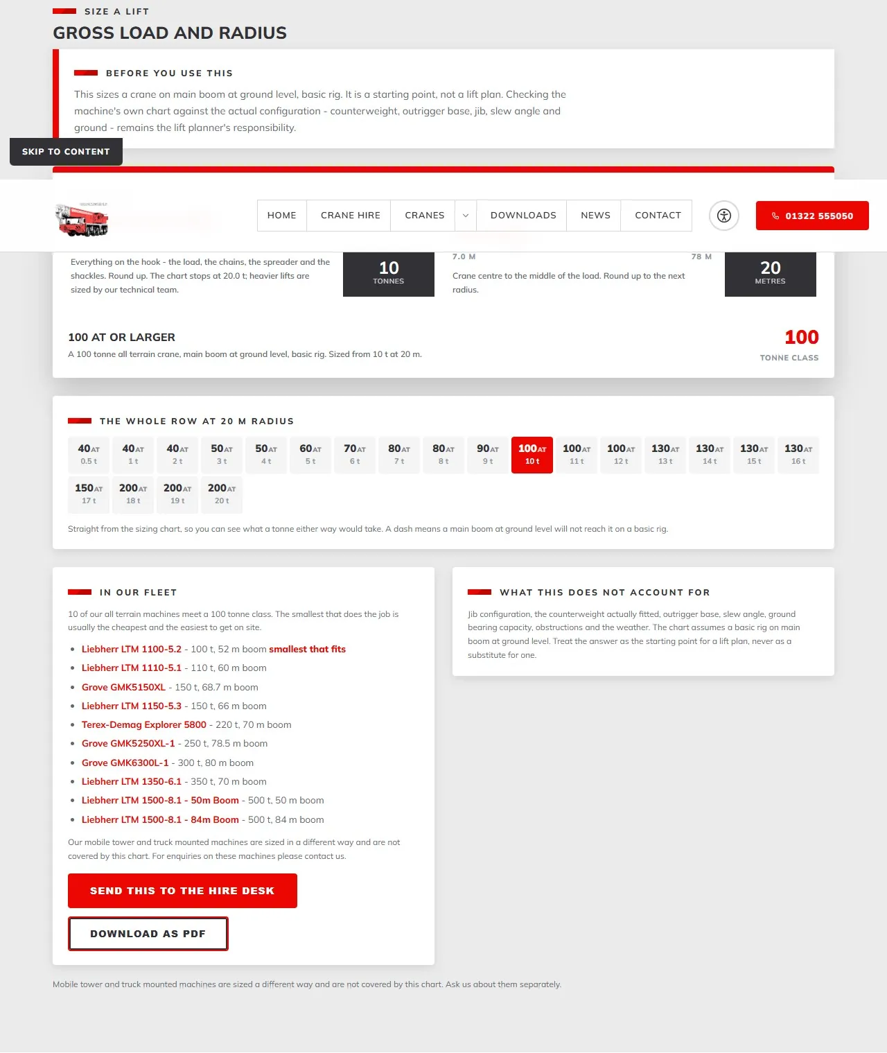 A real lift-planner screen showing its load and radius controls, indicative class and matching fleet