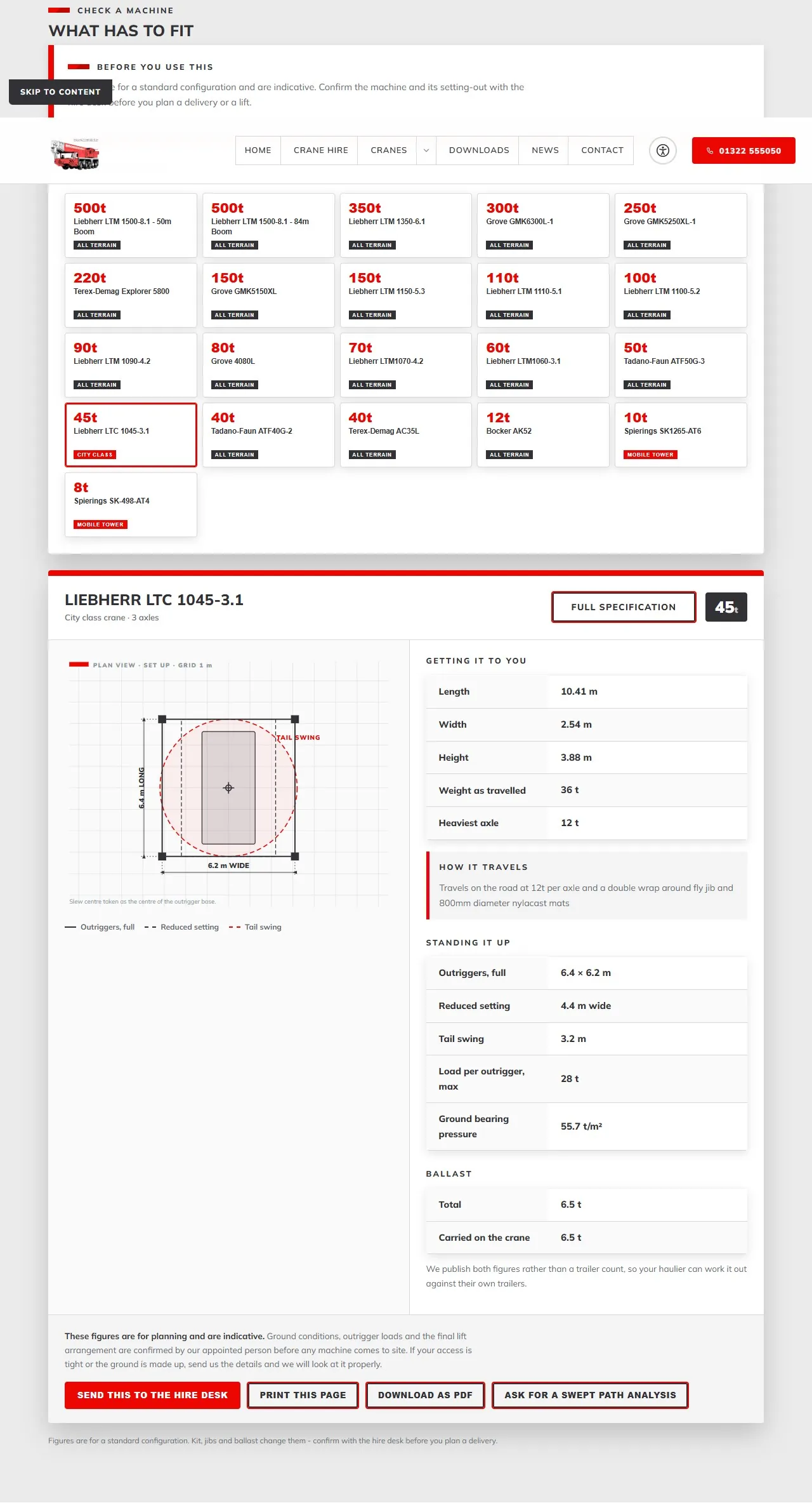 Bronzeshield's site-access checker with a selected city crane, a plan drawing and technical measurements