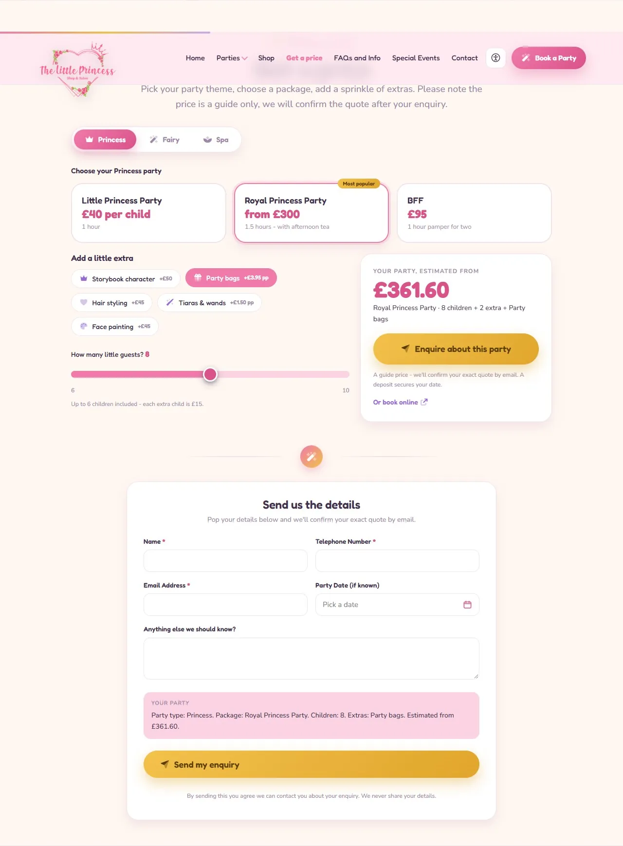 The real party builder with eight children and party bags selected, showing the updated guide price