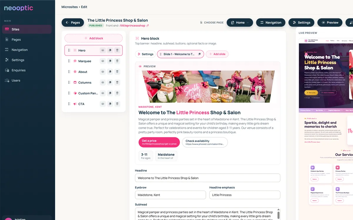 The OliveCore admin - the page editor with its block palette open